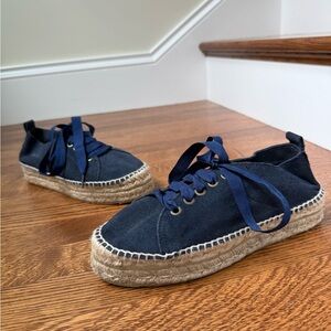 MANEBI Blue Suede Lace Up Espadrilles Platform Leather Shoes Coastal Vacation 38